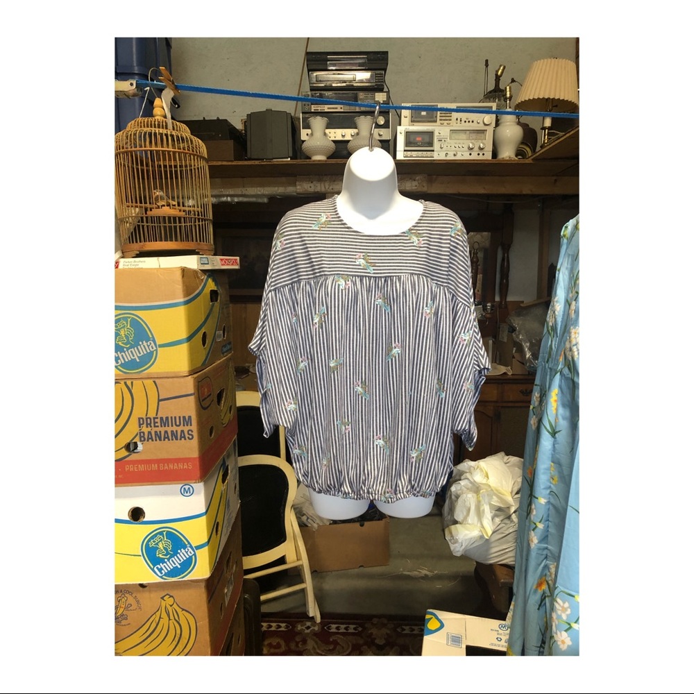 Grey and White Striped Blouse with Bird designs